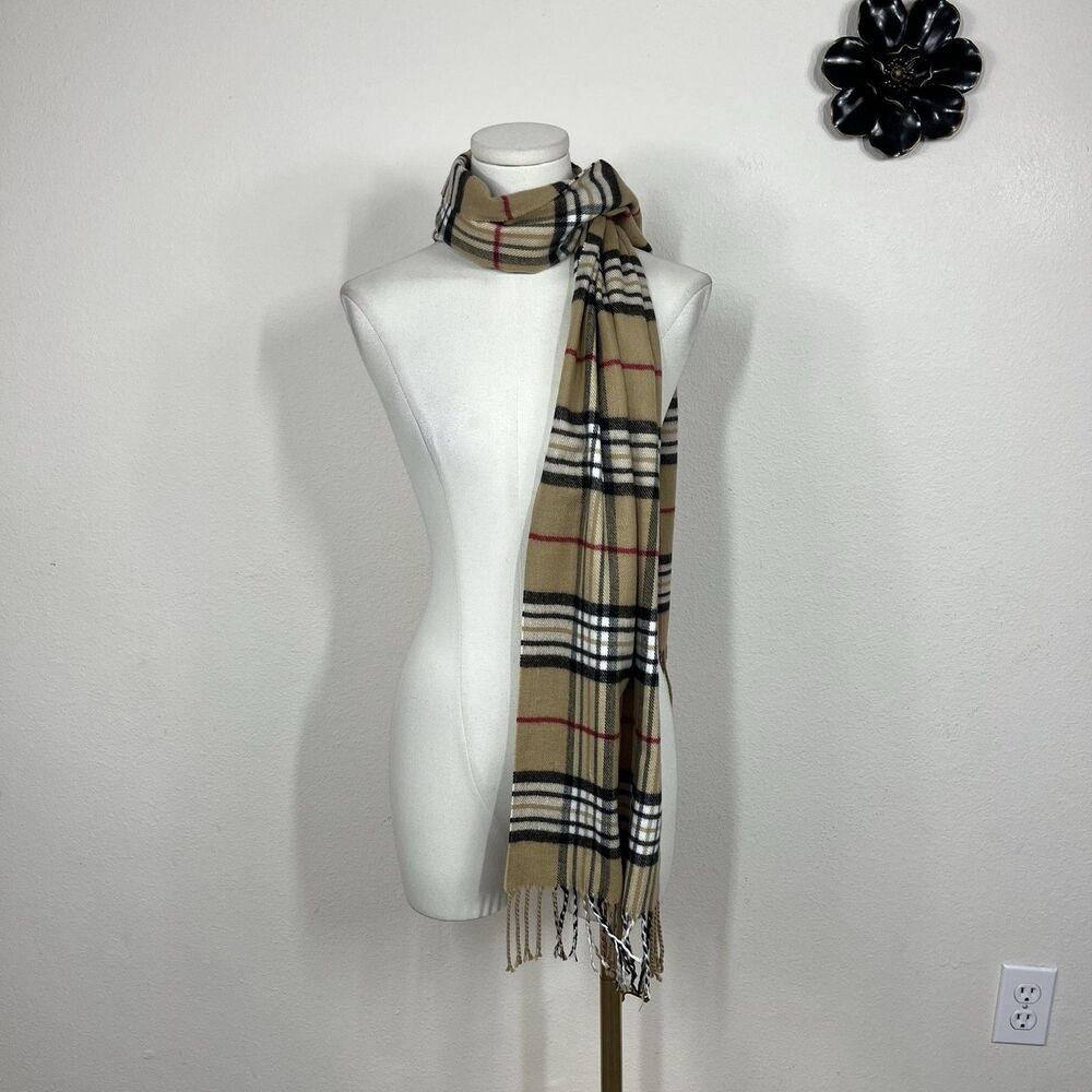 Plaid Cashmere Scarf Womens One Size Beige Fringe Rectangle Germany Cozy Winter - Picture 5 of 8